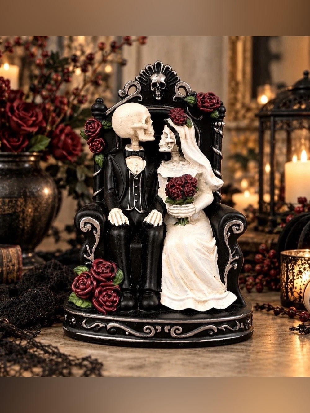 HALLOWEEN SKELETON BRIDE GROOM FIGURINE THRONE THE KISS DAY OF THE DEAD CALAVERA